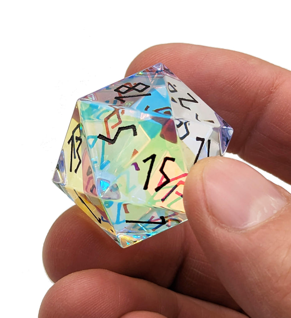 Beautiful glass d20 rainbow dice with black font