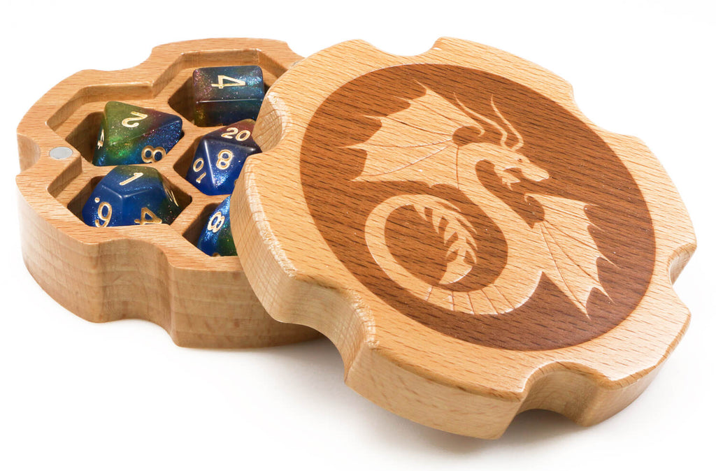 Dragon Dice Box (Sapele Wood)  Wooden RPG Dice Storage Box – Dark Elf Dice