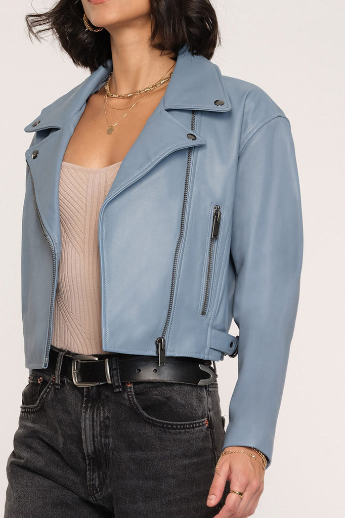 Cobalt Blue Liquid Leather Zip Jacket - Evelie Blu Boutique