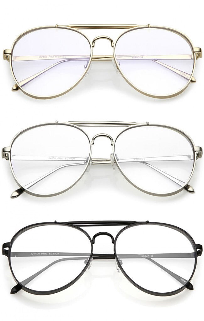 Oversize Metal Side Cover Triple Crossbar Clear Flat Lens Aviator Glas Sopeacock 