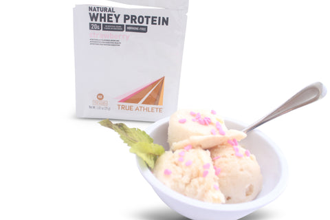Vitamin Shoppe's @VitaminShoppe True Athlete Natural strawberry whey protein powder as an ice cream like dessert.