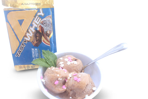 Adaptogen Science TASTY WHEY - cookie butter protein powder as an ice cream like dessert.