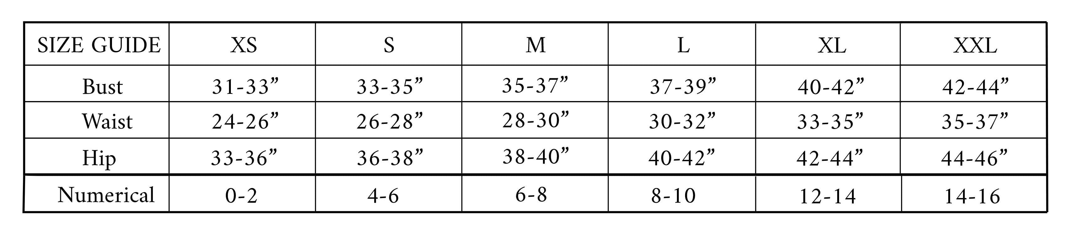 Size chart – Her own words