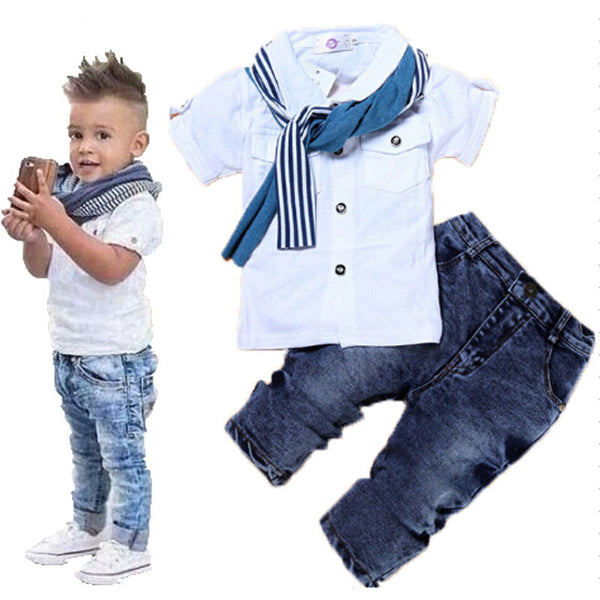 Boys Denim 3Pcs Clothing Sets (Short-Sleeved T-Shirt+Denim Jeans+Scarf ...