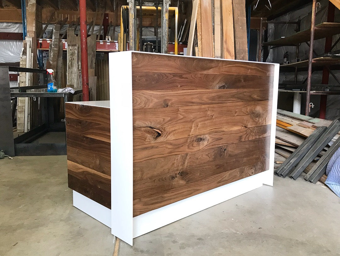 216 White And Walnut Reception Desk Revival Supply Co