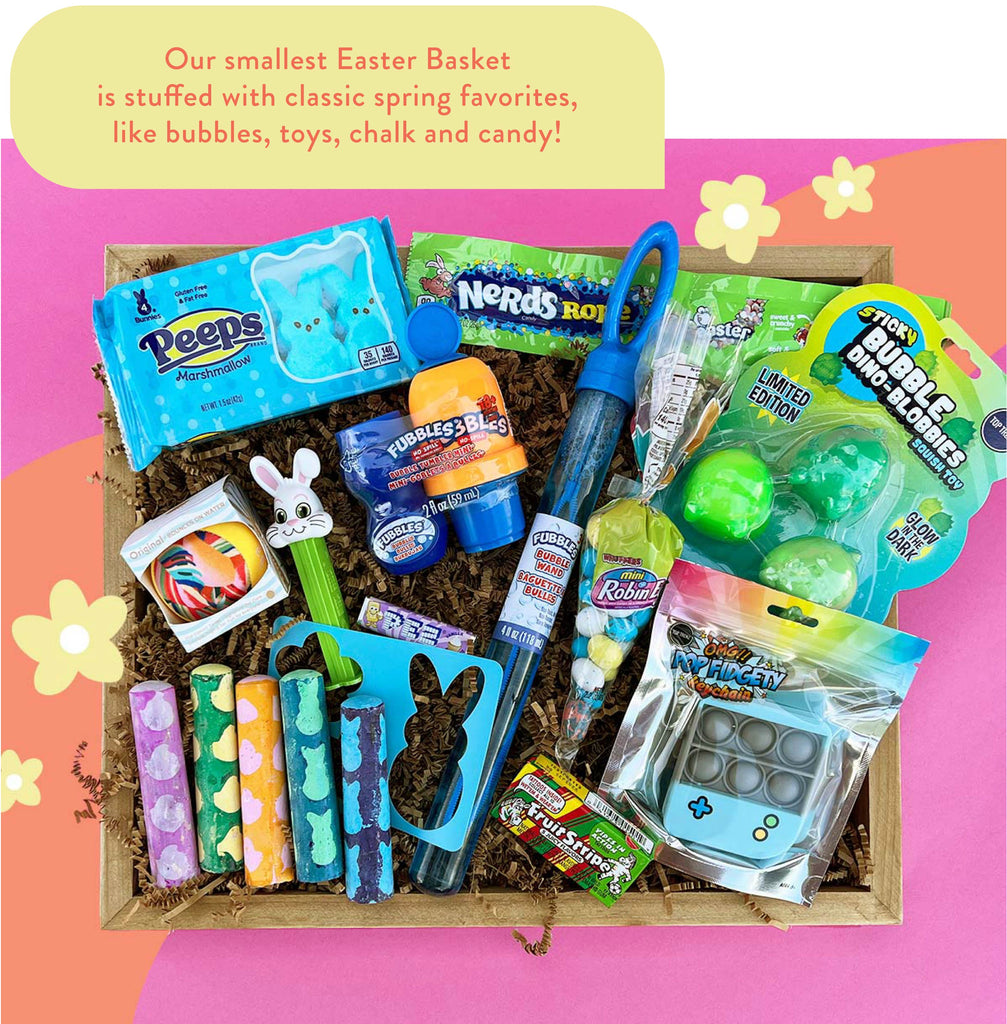 Our smallest Easter basket is stuffed with classic spring favorites, like bubbles, toys, chalk and candy!