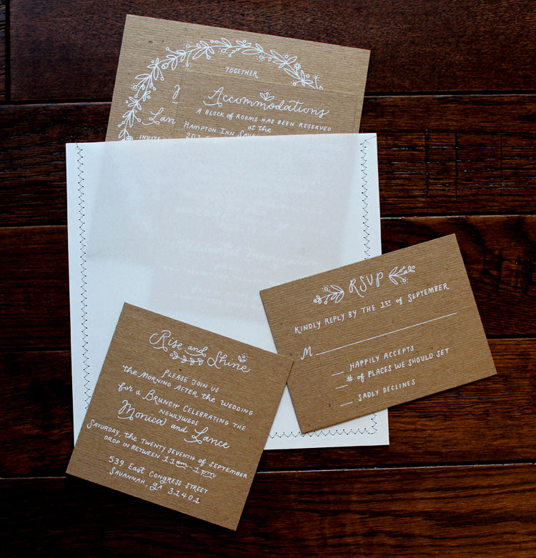 White Kraft Screenprinted Floral Illustration Hand Lettered Wedding Invitation Suite