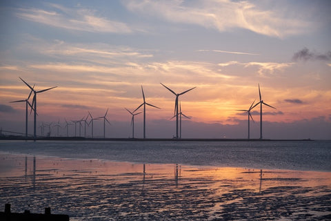 wind turbines in sunset on water 