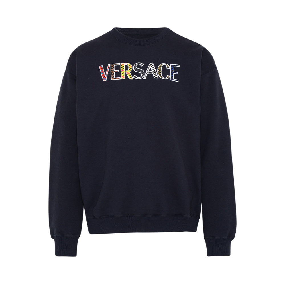 Image of Versace Men's La Greca Logo Embroidered Sweatshirt Navy Blue VERSACE 