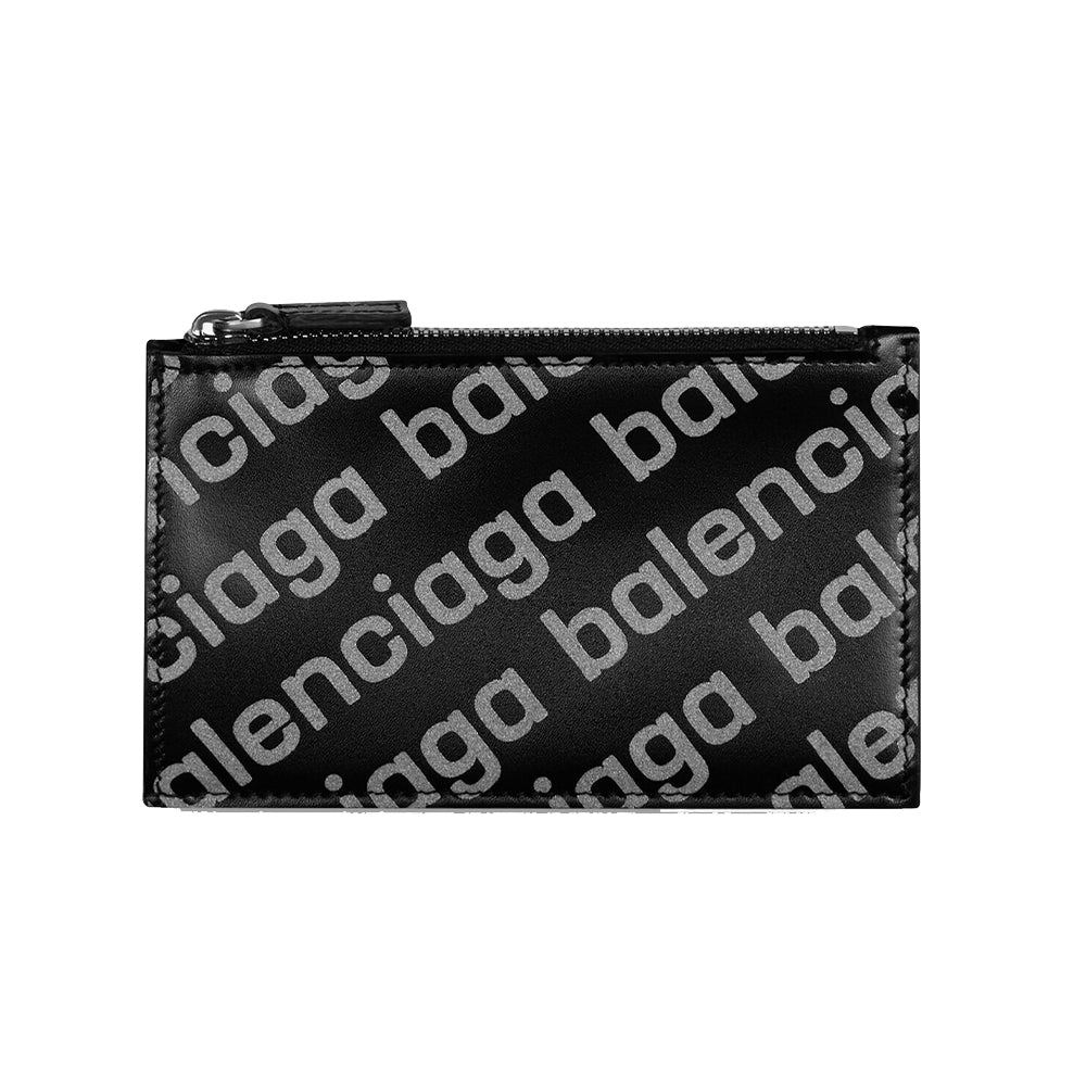 Image of Balenciaga Men's Leather Reflective Logo Card Holder Wallet Black