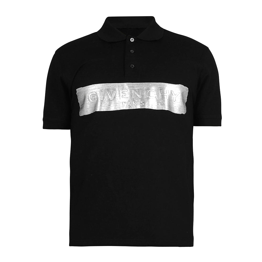 Image of Givenchy Men's Metallic Logo Embossed Polo Dress Shirt Black