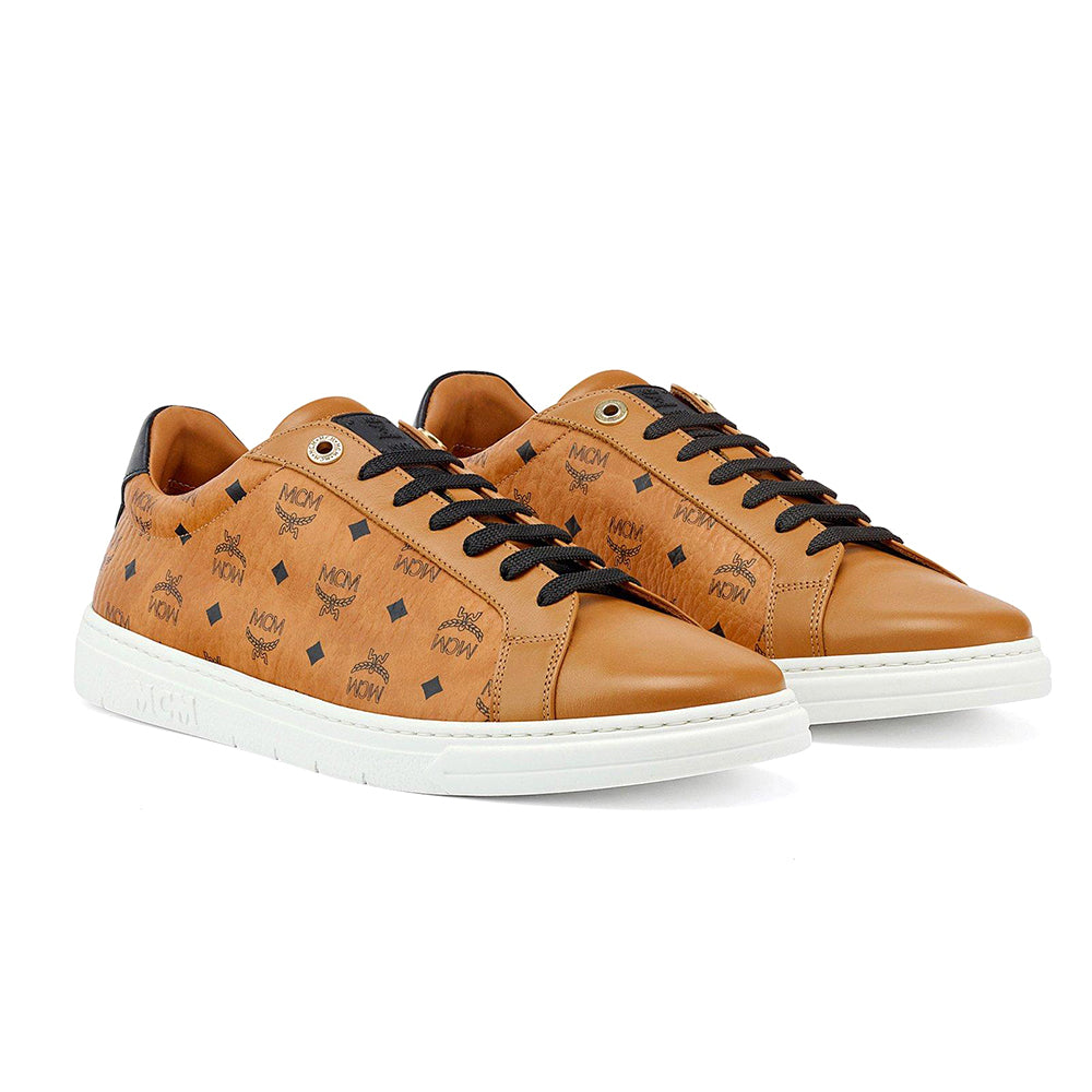 Image of MCM Men's Leather Terrain Monogram Sneakers Cognac Brown