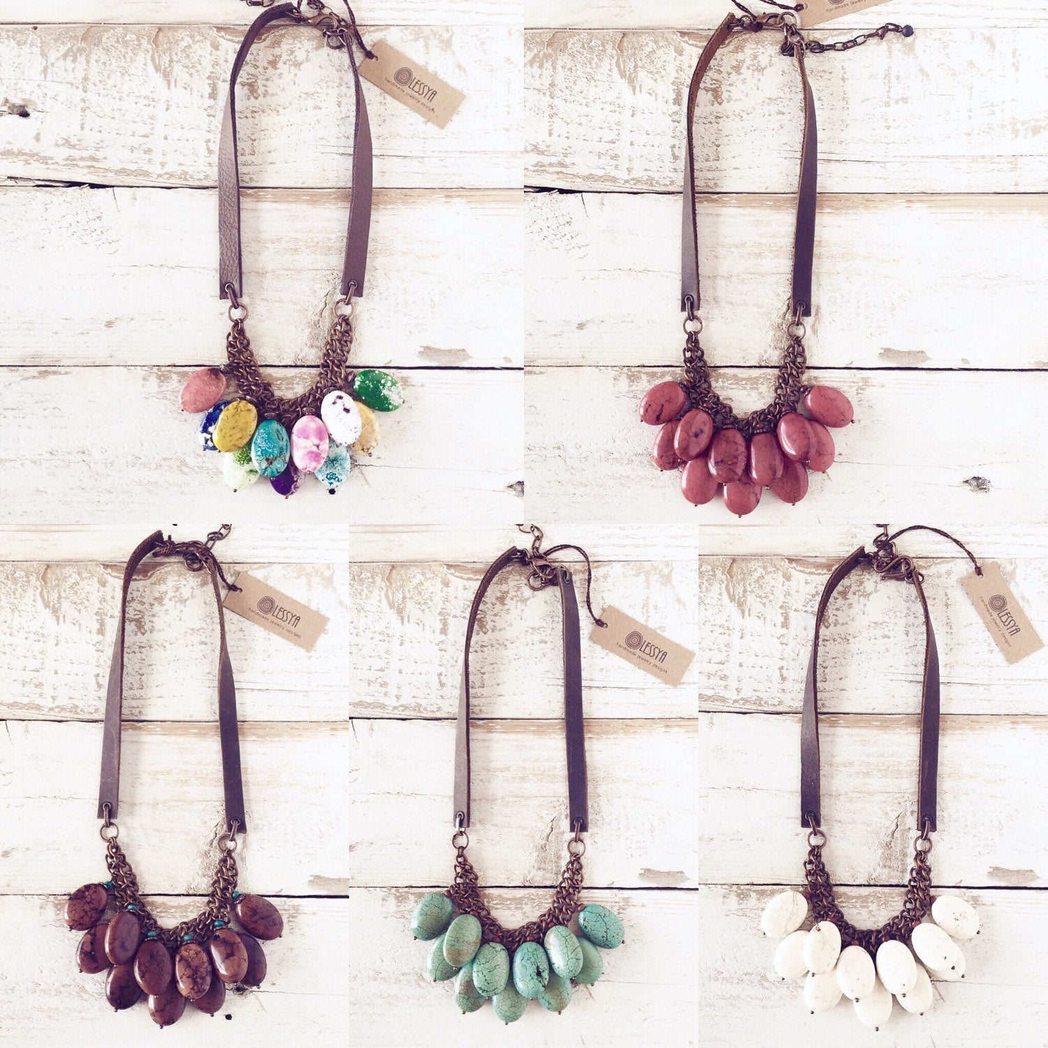 Colorful Stone Necklace, Statement Leather Necklace, Boho Rustic Necklace, Girlfriend Gift Necklace, Multicolor Mom Necklace, N110.1