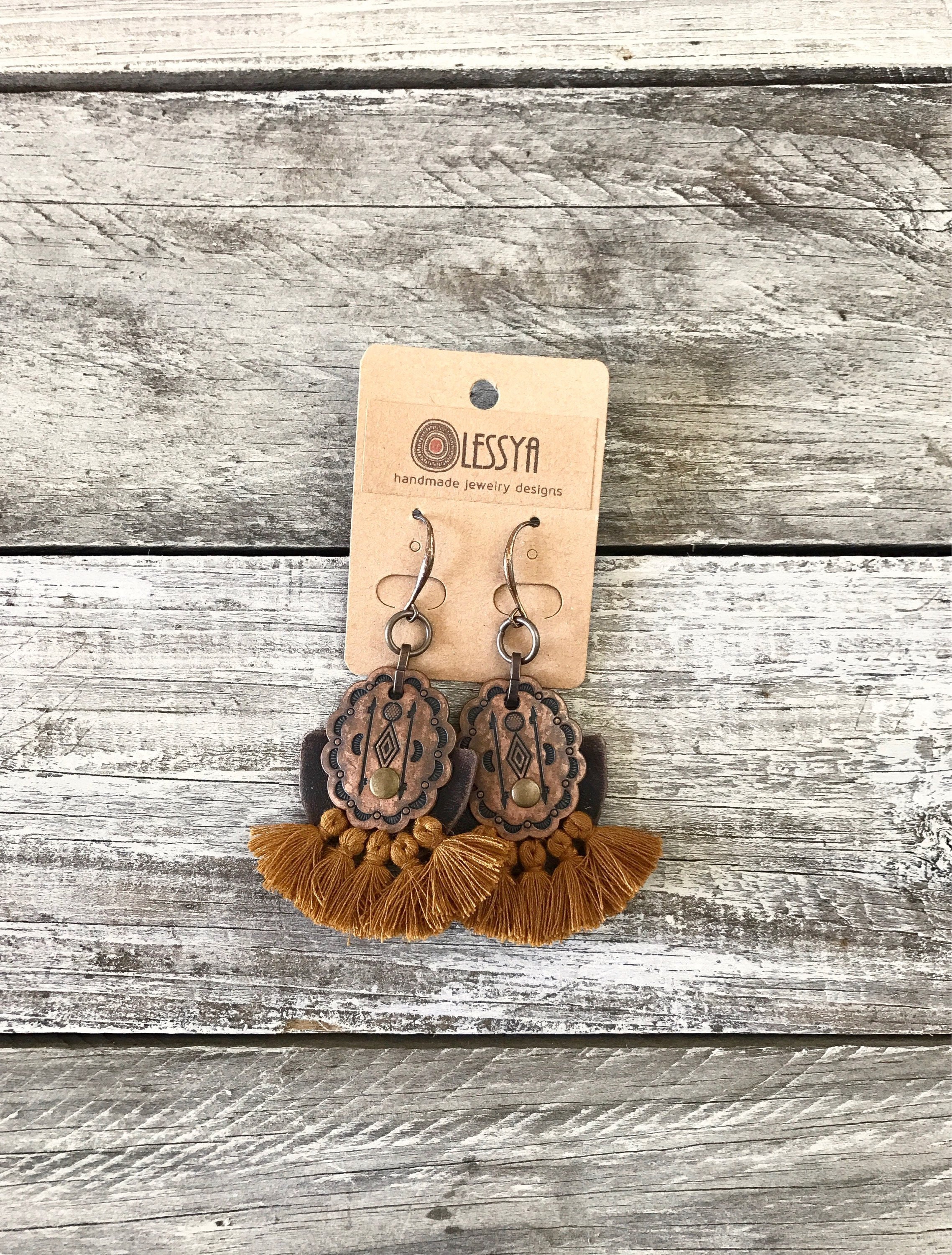 Leather Tassel Earrings, Ethnic Tassel Earrings, Rust Boho Earrings, Leather Gypsy Earrings, Native Fringe Rustic Earrings