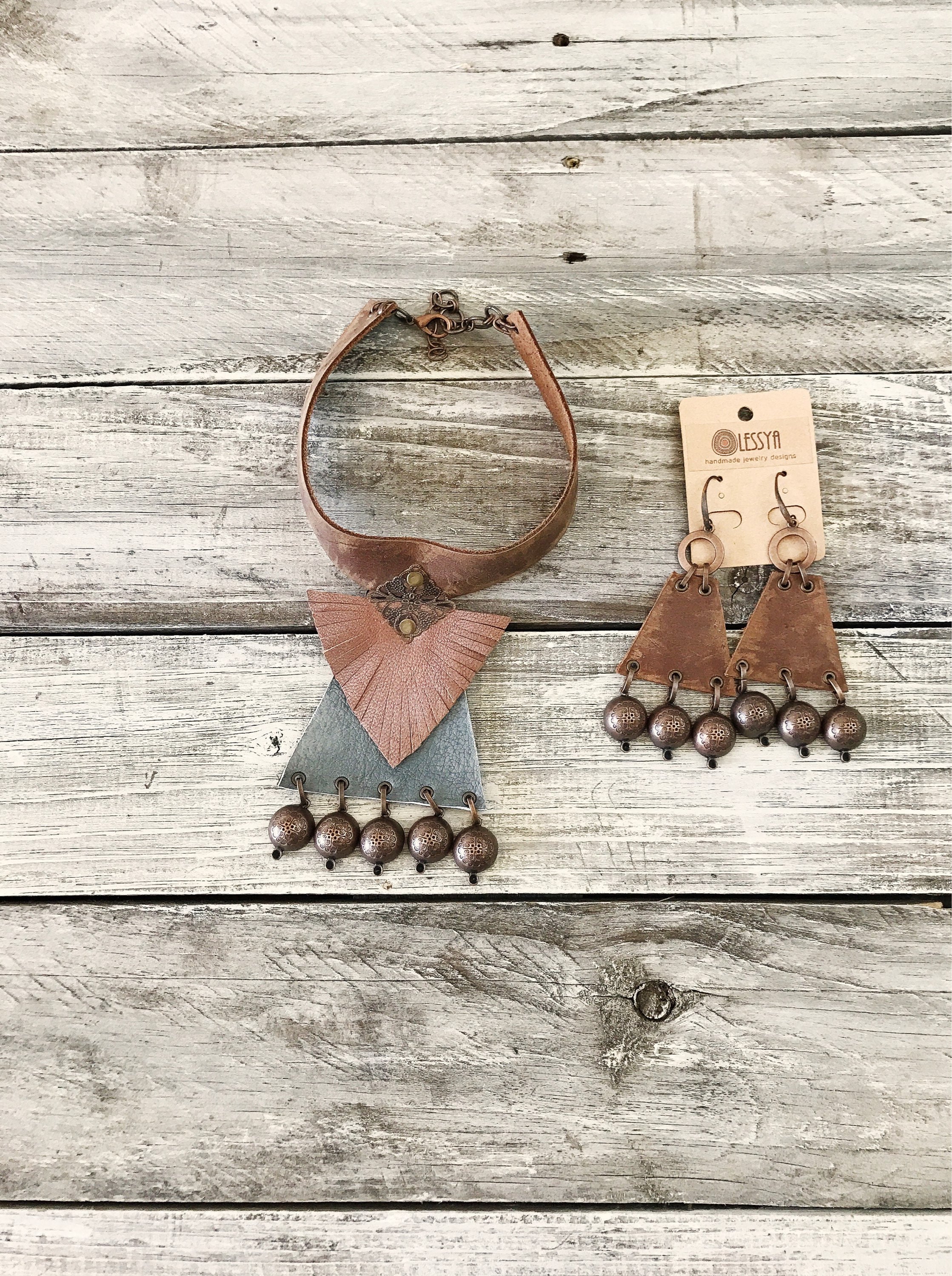 Boho Gypsy Triangle Leather Statement Rustic Earrings