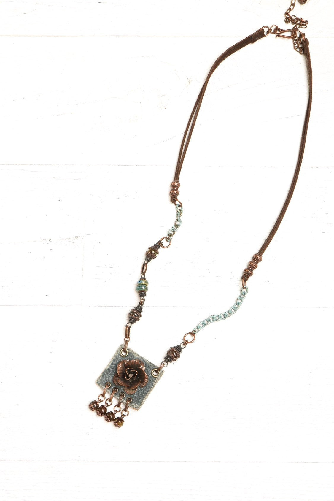 Flower Leather Boho Necklace - Gray Blue Gypsy Bronzite Stone Eclectic Hippie Distressed Gemstone Statement Bohemian Rustic Handmade Jewelry