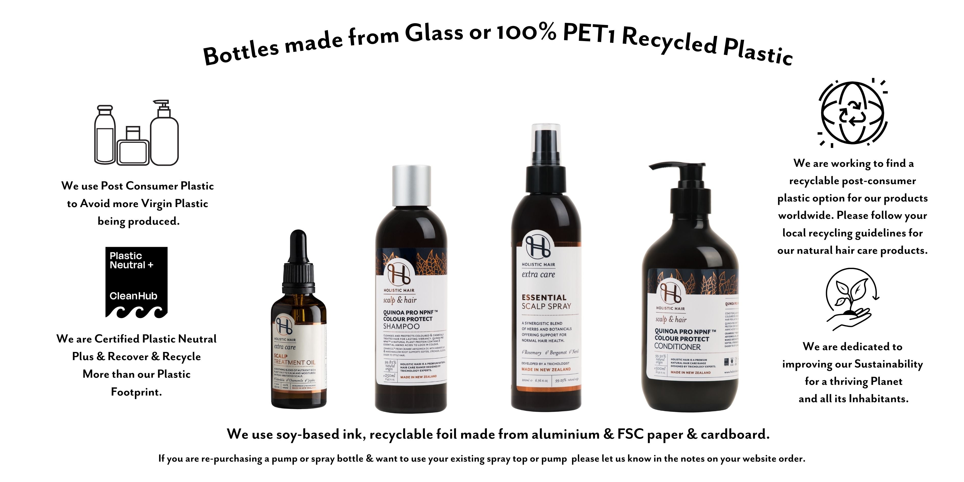 Bottles Made from Glass & 100% Recycled Plastic