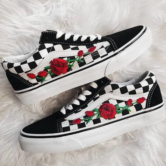 black checkered vans with roses cheap 