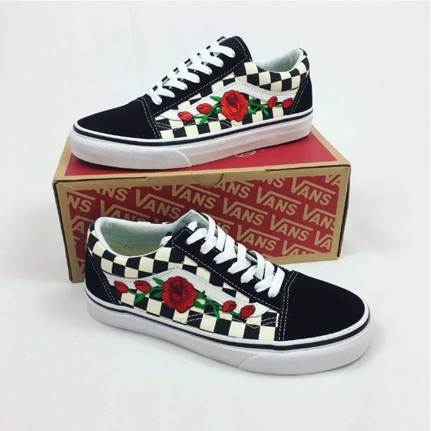 checkerboard vans with roses