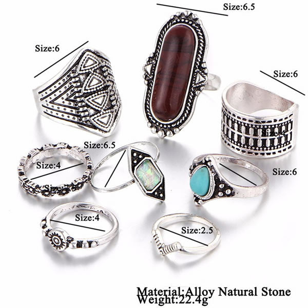 Boho Beach Vintage Tibetan Turkish Crystal Silver Color Ring Set Sizing guide