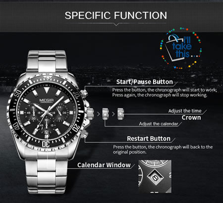 Men Luxury Chronograph Business Watch, Quatz movement with Stainless Steel Wristband