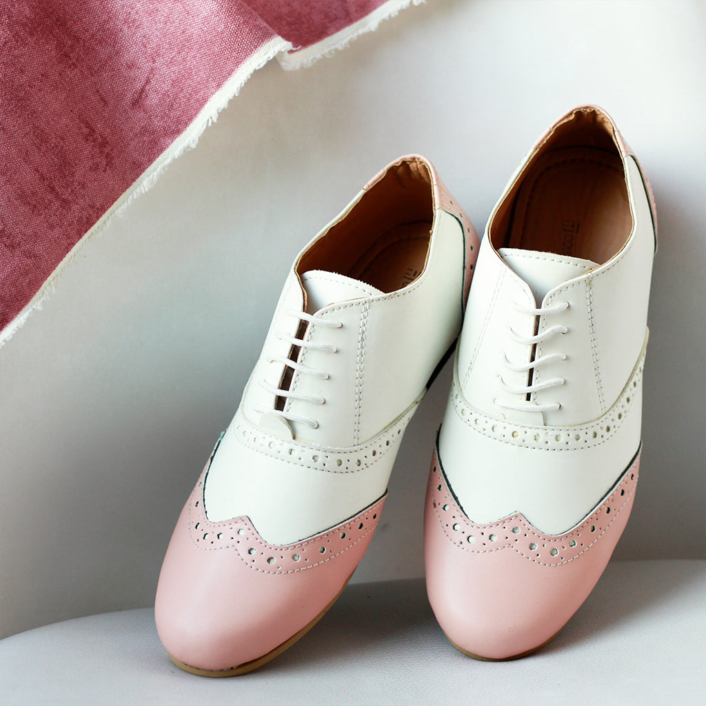 pink and white oxford shoes