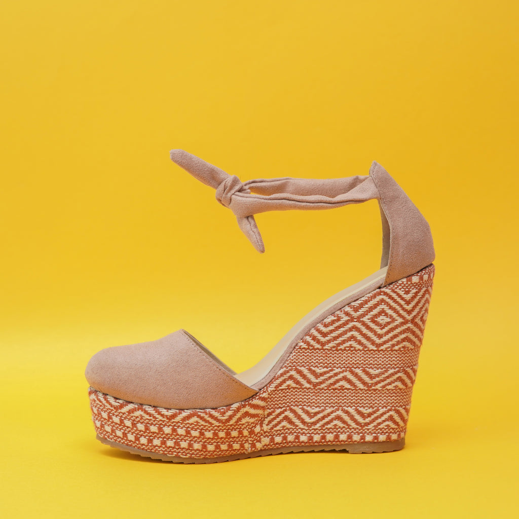 nude tie up wedges