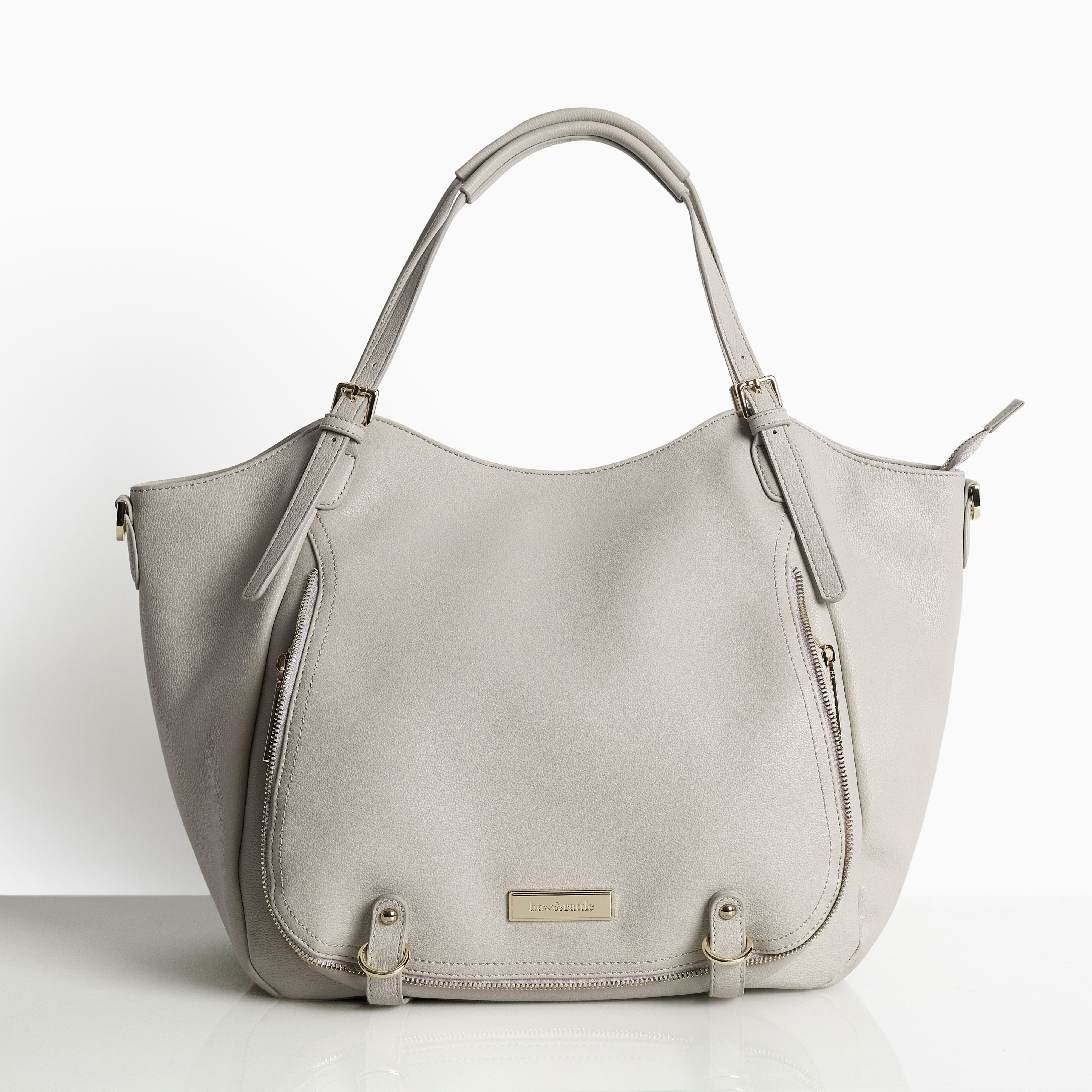 grey and white changing bag