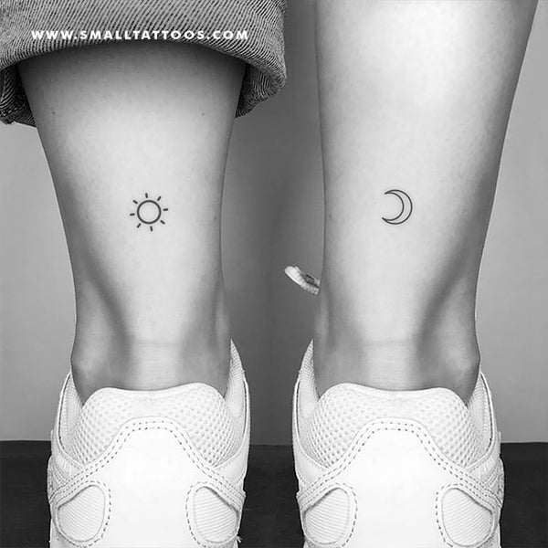 Matching sun and moon tattoo for couple done in fine