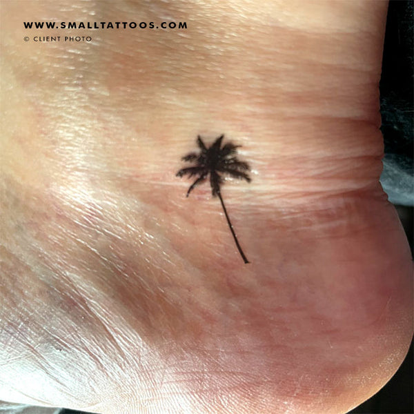 Micro-realistic palm tree tattoo on the inner forearm.