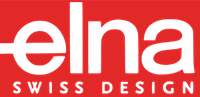 Elna logo in white text with red background and the words Swiss design underneath the word Elna