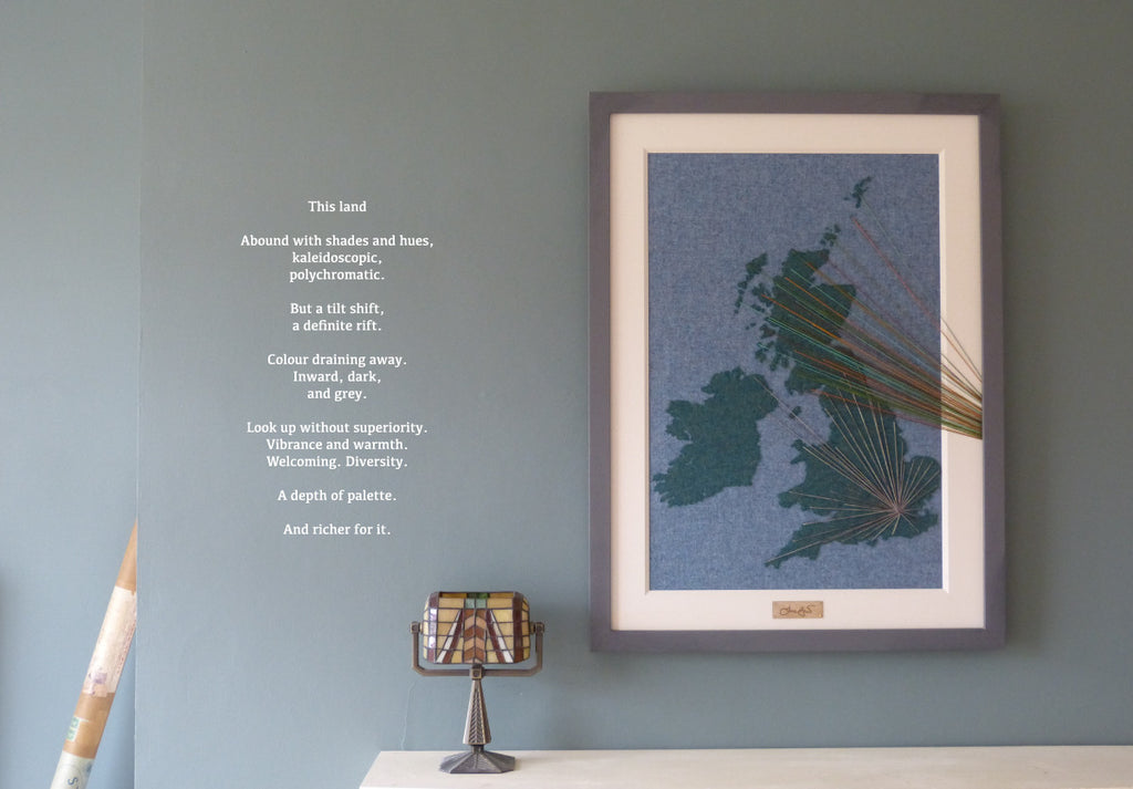 Photography, styling and poetry by Sam Kilday for Scottish artist Jane Hunter. Jane's embroidered textile map of UK with dynamic wool threads suggest a draining of colour from England and a brightness emanating from Scotland.