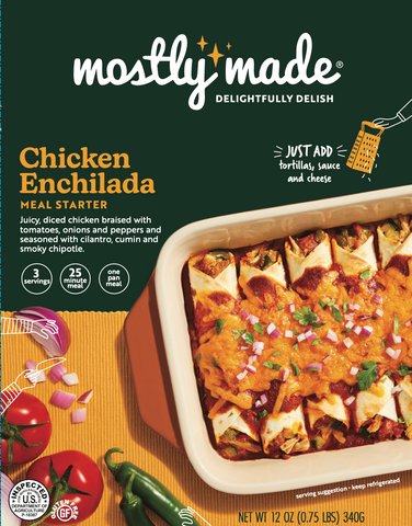 Package of Mostly Made Chicken Enchilada Meal Starter. Mostly Made logo on green background with photo of pan of enchiladas. Just add tortillas, cheese, and sauce.