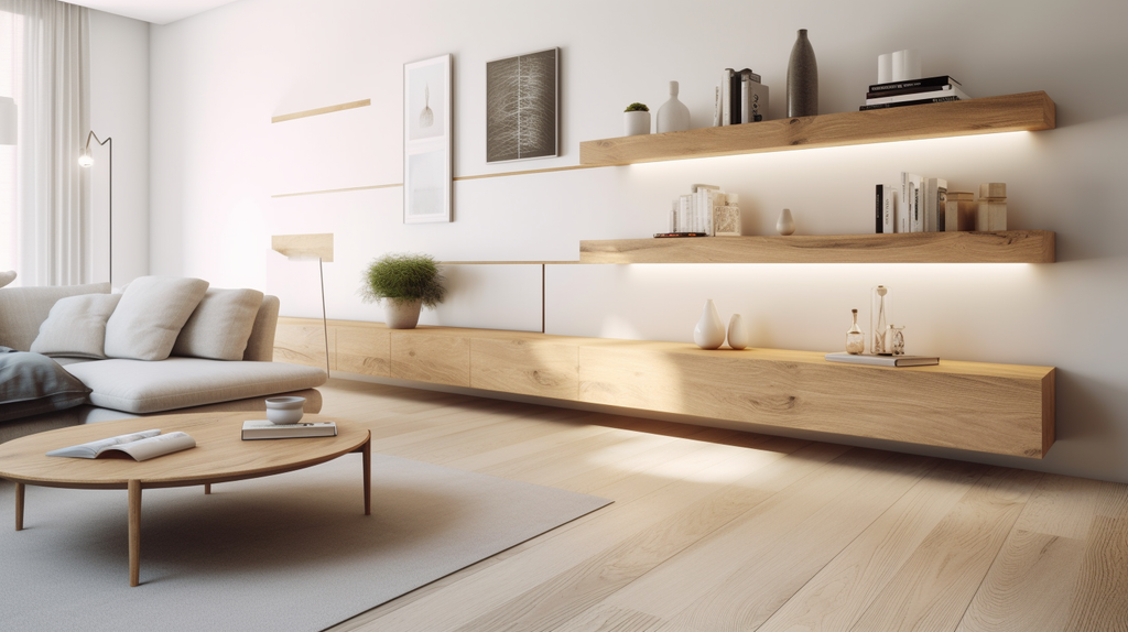 Living room with floating shelf lights