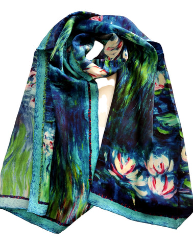 Long Charmeuse Silk Scarf with Classic Painting Waterlilies by Monet LZD119
