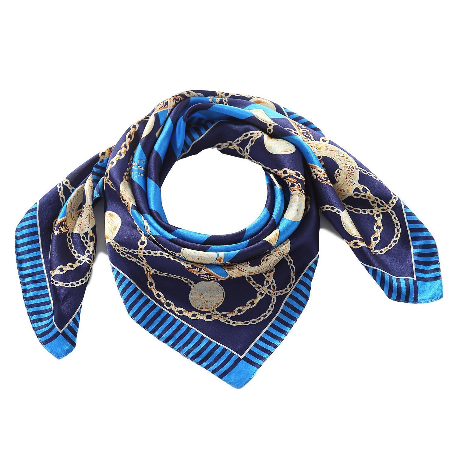 Large Square Silk Scarf Blue Color Stripes and Links Print SZD082 ...