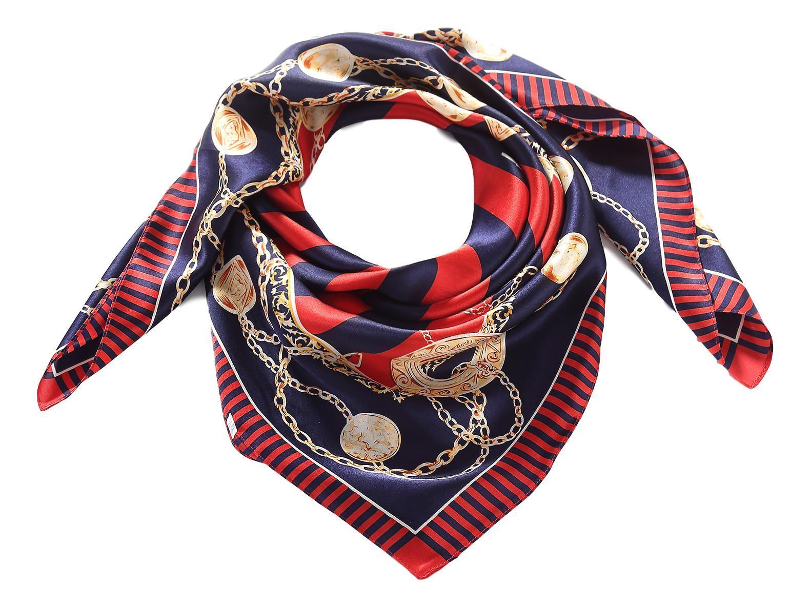 Large Square Silk Scarf Red and Navy Stripes and Links Print SZD081 ...