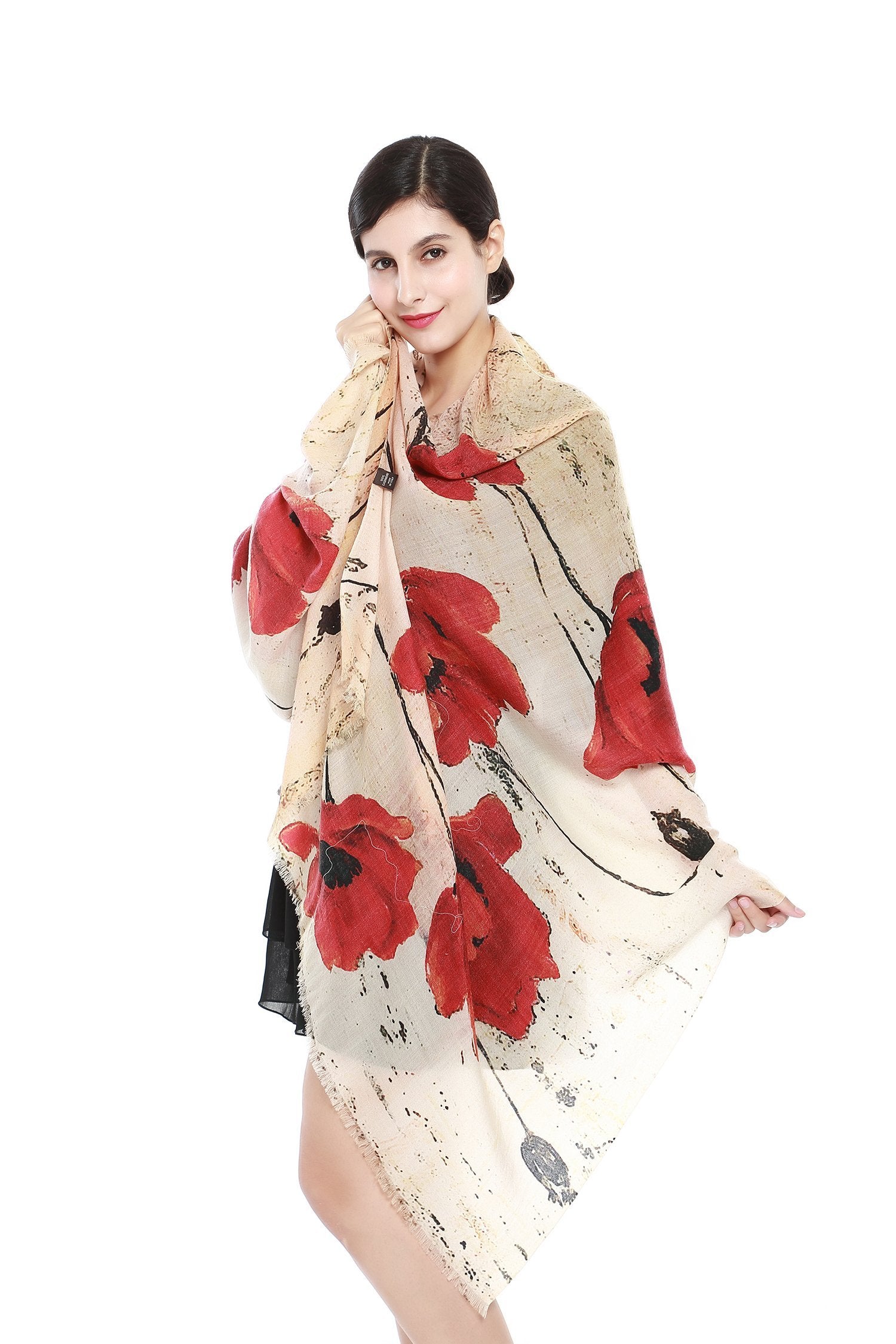 100% Cashmere Scarf Ivory Floral Print 