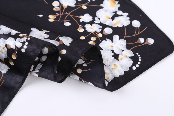 Small Square Silk Scarf Neckerchief Black Theme Floral Print XFJ229 ...