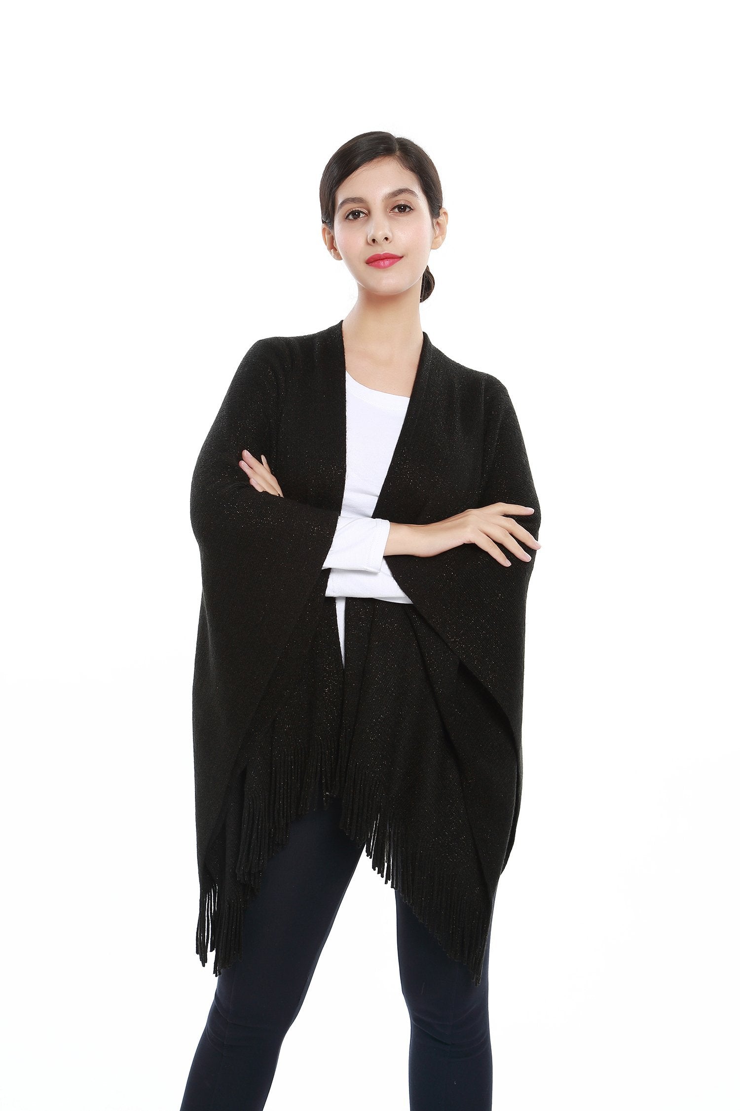 Women's Knitted Kimono Cardigan Cape Solid Black with Golden Threads ...