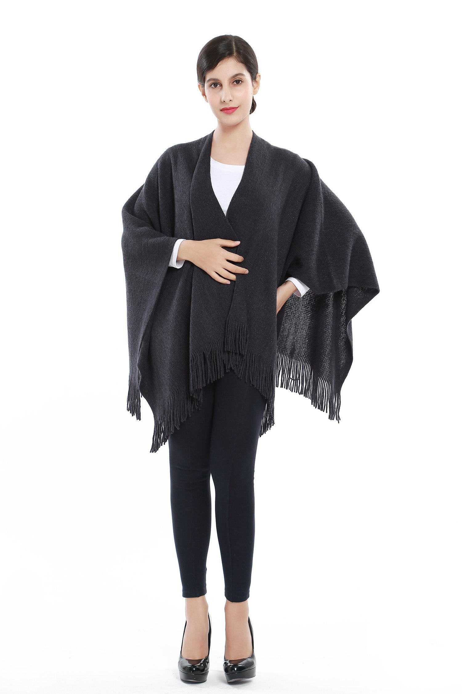 Women's Knitted Kimono Cardigan Cape Solid Gray with Golden Threads ...