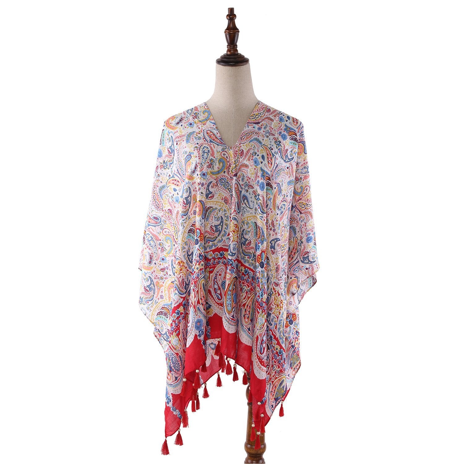 Women's Sheer Poncho Cape Red Theme Paisley Print CAR002 – Yangtze Store