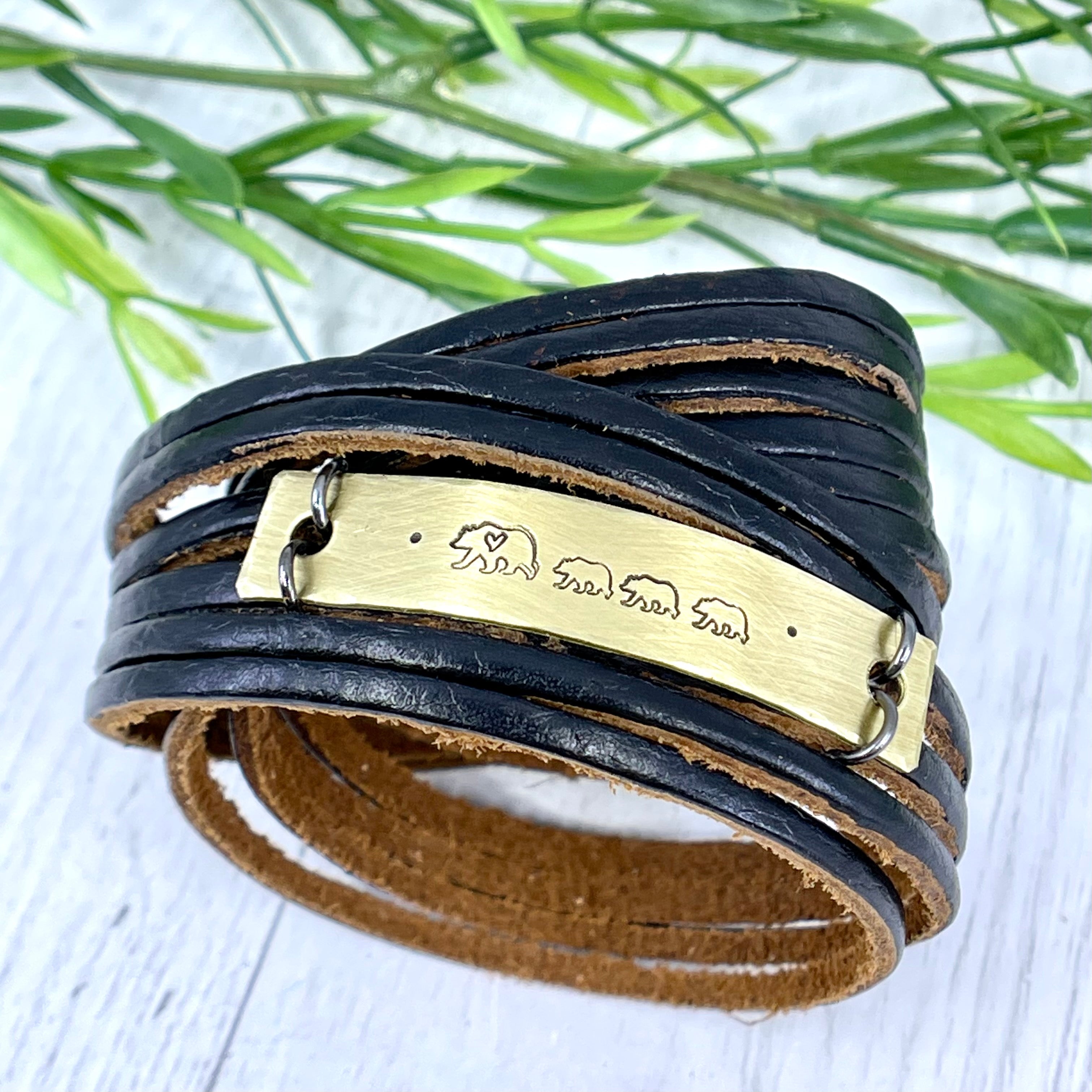 Benito - Personalized Chocolate Brown Genuine Leather Double Wrap Bracelet with Grey Snap Fastener