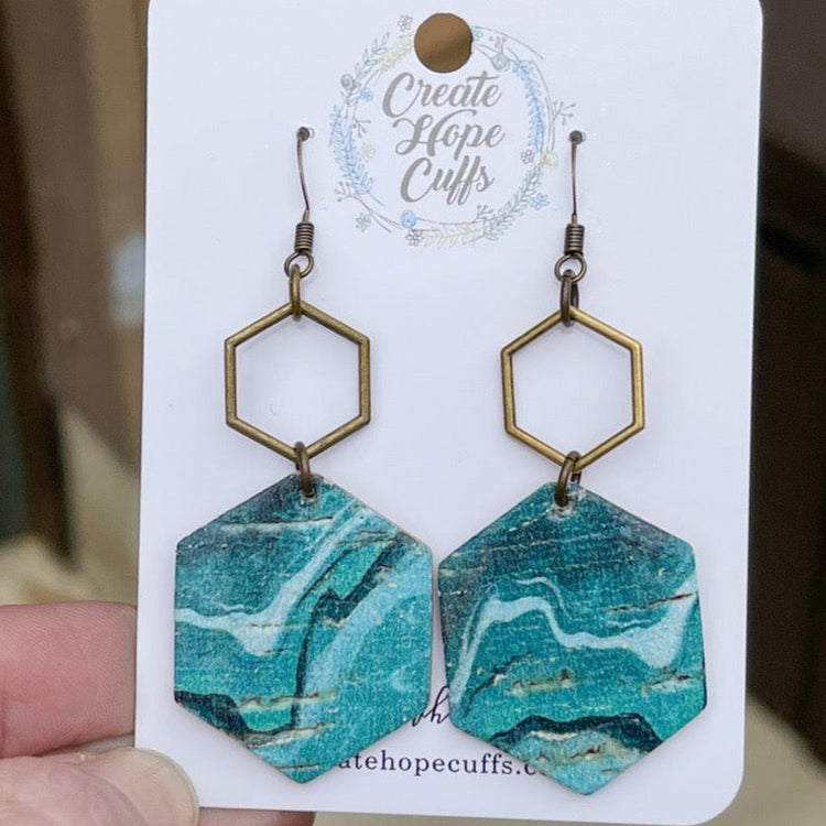 Turquoise Wave Leather Earrings | Stacked Hexagons | Hypoallergenic | Women Leather Earrings Create Hope Cuffs 
