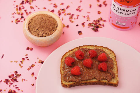 Reishi medicinal Mushroom dual double extract powder and Rose Almond Nutella Spread delicious vegan dessert recipe paleo gluten free zero sugar adaptogen superfoods great for kids