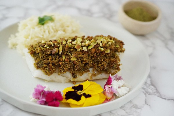 Teelixir Mushroom Matcha Mint Pistachio Crusted Halibut Recipe with Lion's Mane Dual Extract Powder