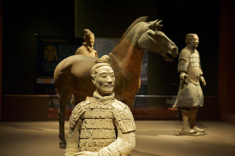 Terracotta warrior and horse display in a museum in Santa Ana, CA