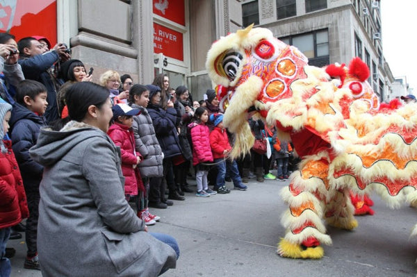 Lunar New Year lion dancing in front of Pearl River Mart Tribeca store with crowd