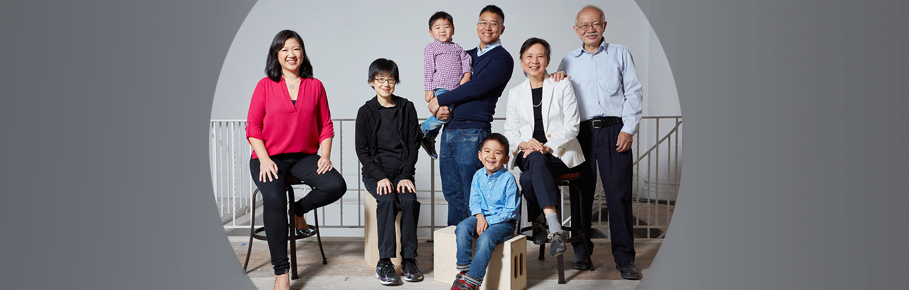 From left to right, Joanne Kwong, Michelle Chen, Gene Hu holding son, second son seated, and Mr. and Mrs. Chen