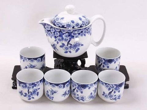 Blue and white tea set with blossom design
